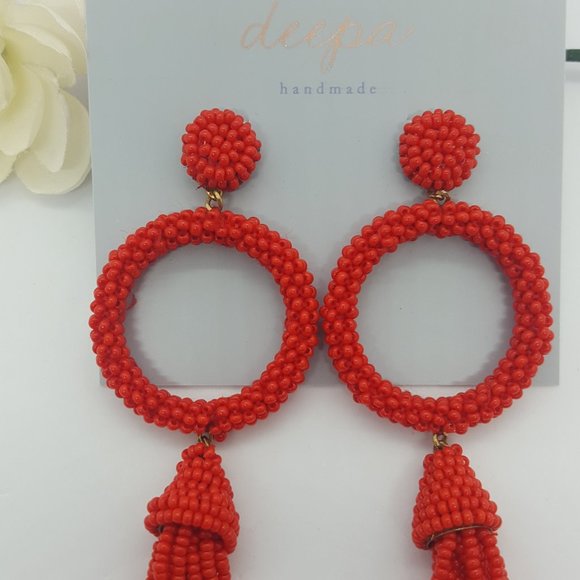 Deepa Gurnani Jewelry - Deepa beaded circle & tassel earrings - RED